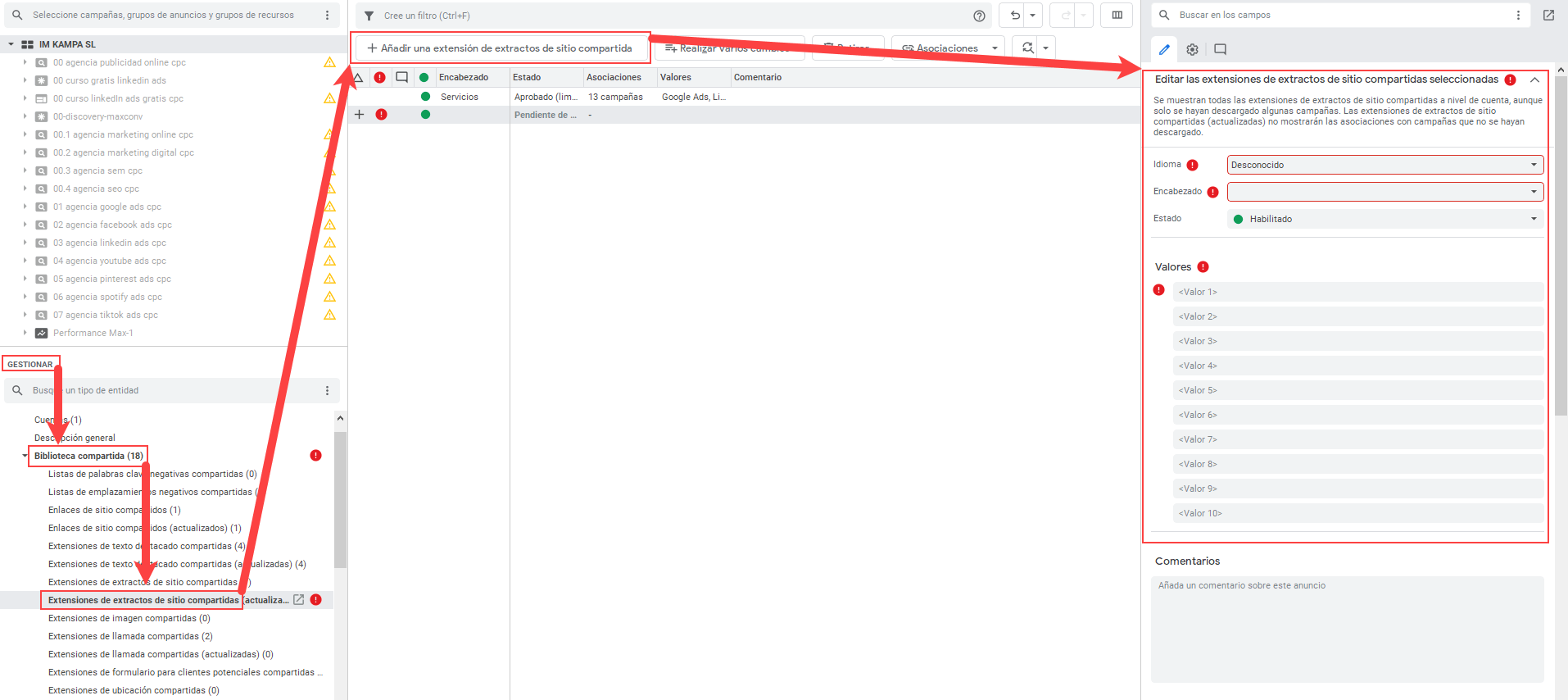 extension de extractos de sitio google Ads