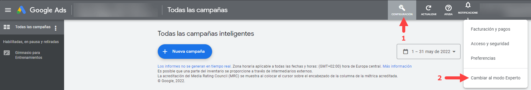como cambiar del modo inteligente al modo experto de google ads
